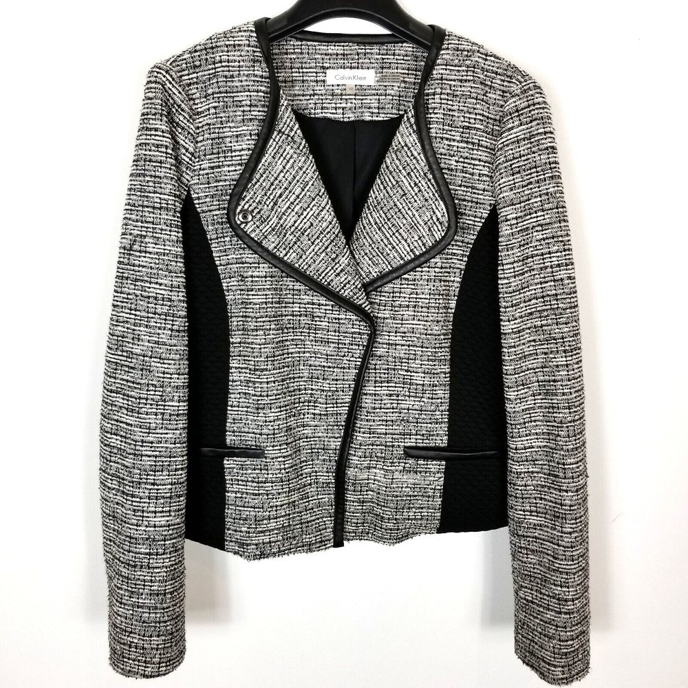 Calvin Klein Black and White Tweed Moto Blazer
